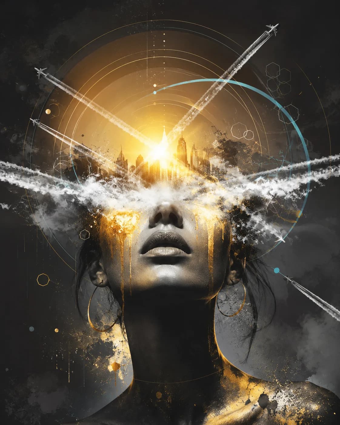 Editorial illustration of a figure gazing upward as aircraft trails and pulsed beams pass overhead, a symbolic reminder of who is downstream of atmospheric activity.